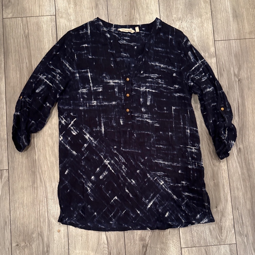 Soft‎ Surroundings Navy White Abstract Print Roll Tab Sleeve V-Neck Tunic Top